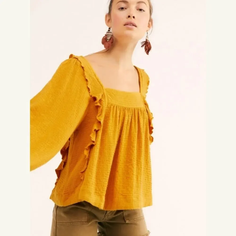 FREE PEOPLE Bonnie Ruffle Long Sleeve Peasant Top In Marigold Relaxed Fall Sz XS